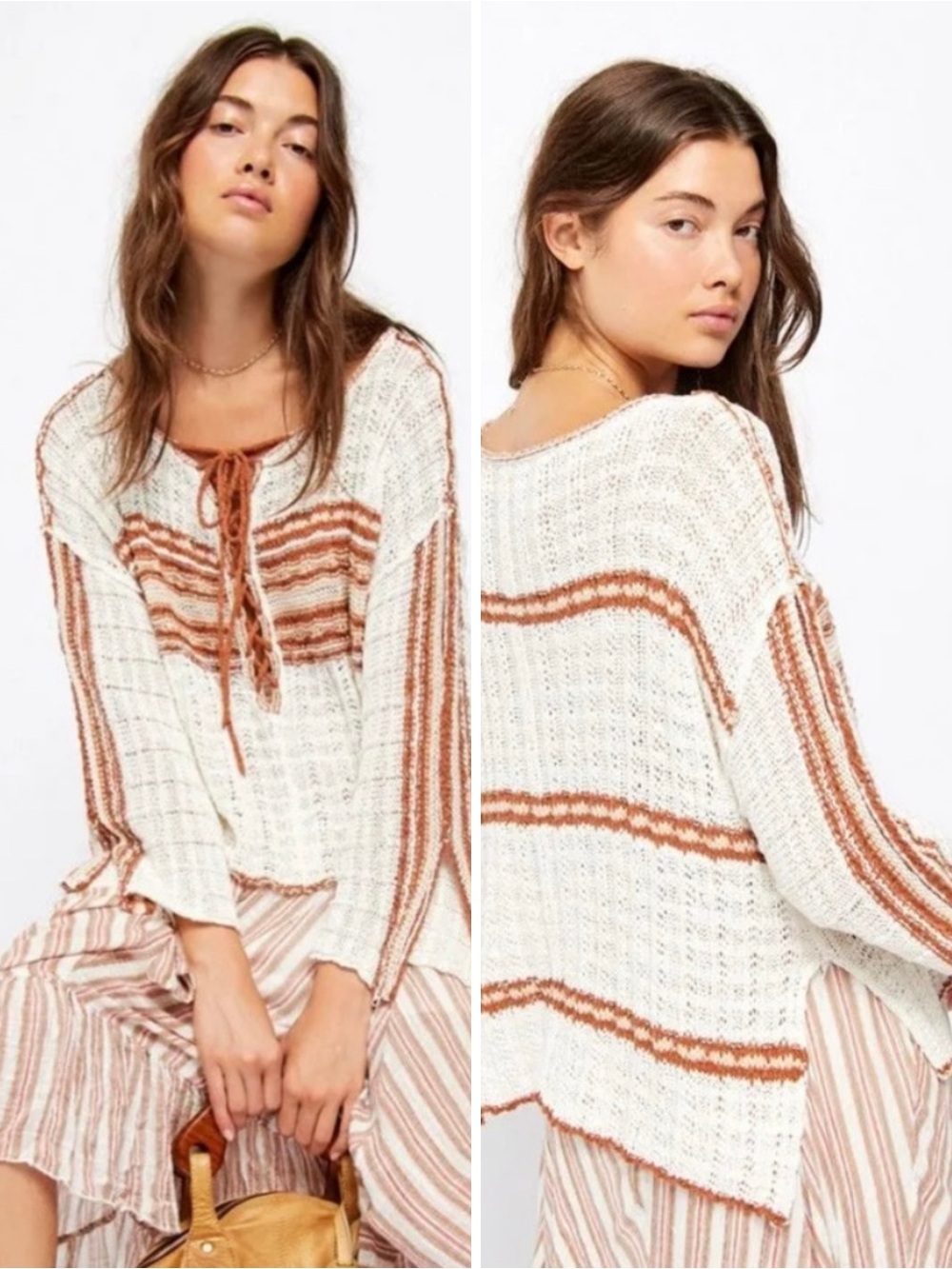 Free People Marina Bay Lace Up Sweater In Tanlines Combo
